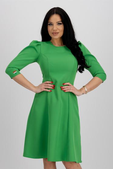 Green Elastic Fabric Midi Dress in A-Line with Puffy Shoulders and Embroidered Tricolor Detail - StarShinerS