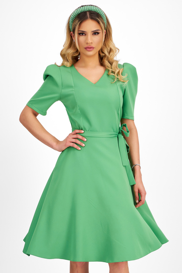 Online Dresses, Green stretch fabric knee-length flared dress with side pockets - StarShinerS - StarShinerS.com