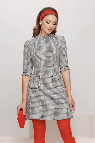Grey premium chanel fabric short dress with a straight cut and front pockets - Fofy