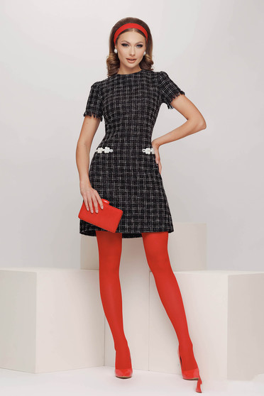 Office dresses, Black premium Chanel fabric short dress with a straight cut and decorative details - Fofy - StarShinerS.com