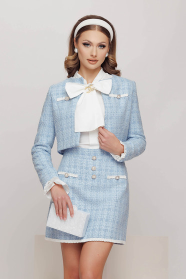 Light blue premium Chanel fabric blazer with a straight cut and false front pockets - Fofy