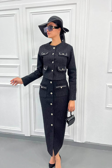 Elegant 2 pieces, Premium black Chanel fabric suit with a fitted cut and decorative buttons - StarShinerS.com