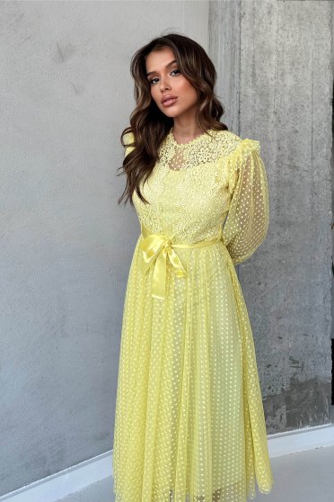 Elegant dresses, Yellow midi tulle dress with polka dots in a flared cut with lace appliqués accessorized with a cord - SunShine - StarShinerS.com