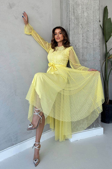 Elegant dresses, Yellow midi tulle dress with polka dots in a flared cut with lace appliqués accessorized with a cord - SunShine - StarShinerS.com
