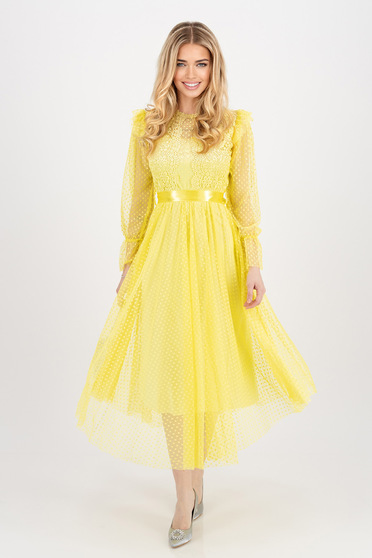 Yellow midi tulle dress with polka dots in a flared cut with lace appliqués accessorized with a cord - SunShine