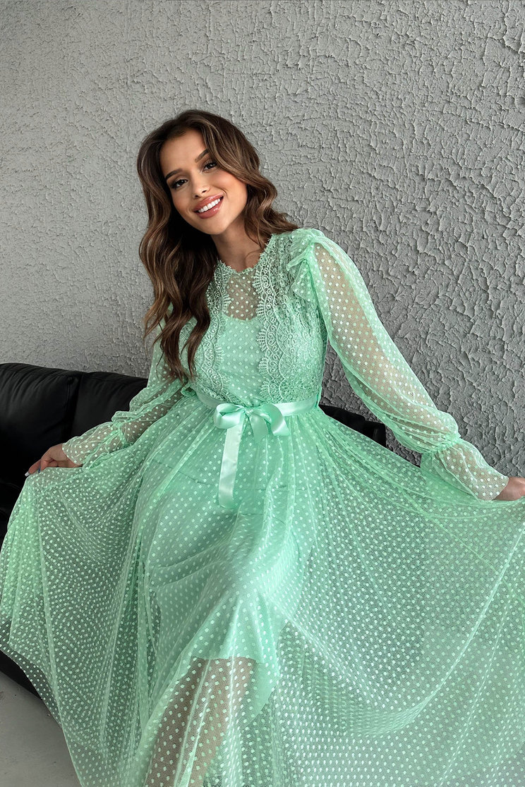 Rochie din tul cu picouri mint midi in clos cu aplicatii de dantela accesorizata cu cordon - SunShine - Rochii-Dama.ro