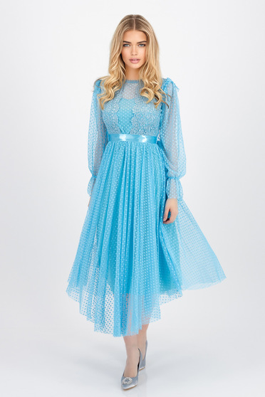 Online Dresses, Light blue midi tulle dress in A-line with lace appliqués accessorized with cord - SunShine - StarShinerS.com