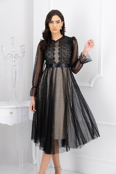 Online Dresses, Dress from tulle midi cloche with lace details accessorized with tied waistband - StarShinerS.com