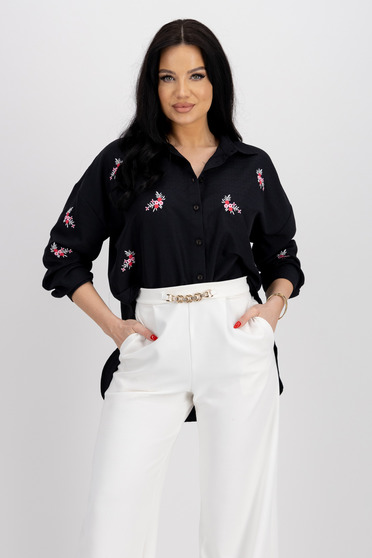 Women's Shirt in Thin Black Fabric with Loose Slightly Asymmetric Cut with Embroidered Details - SunShine