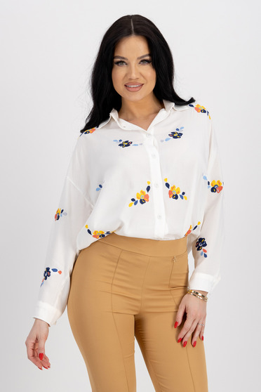 Women's Ivory Thin Cotton Asymmetrical Shirt with Loose Fit and Embroidered Details - SunShine