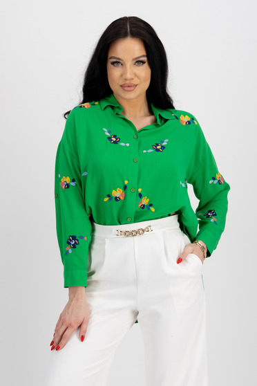 Women's Thin Green Cotton Asymmetrical Shirt with Loose Fit and Embroidered Details - SunShine