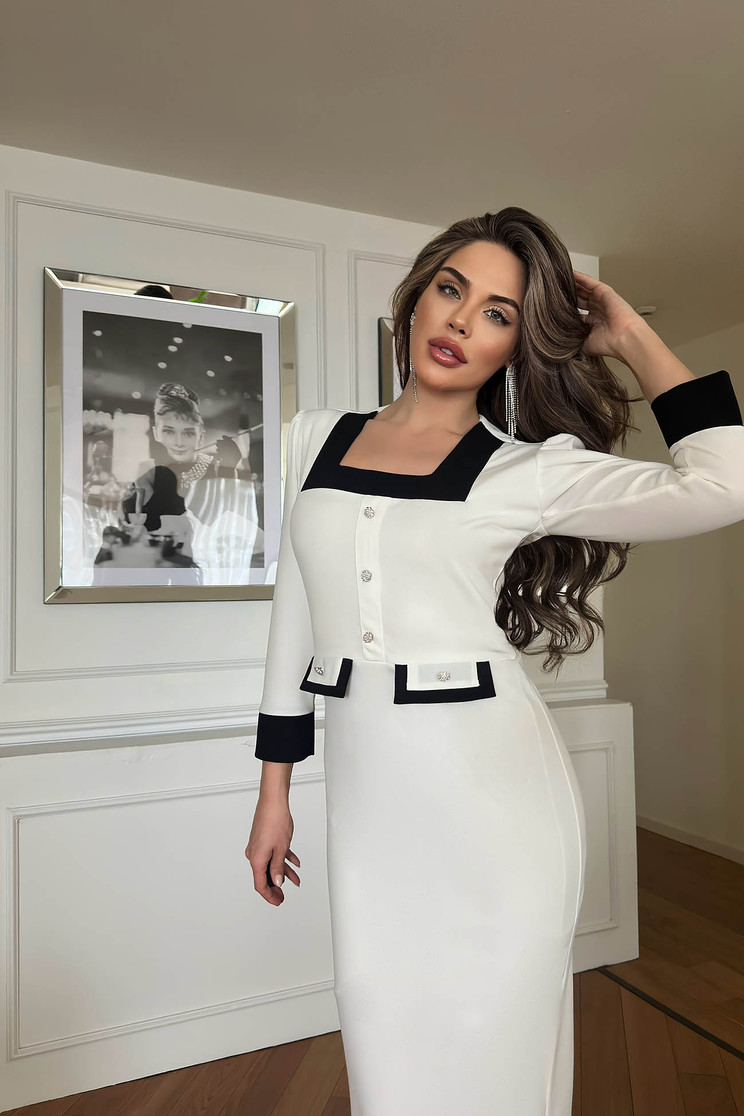 Rochie din crep alba midi tip creion cu umerii buretati si buzunare false - Rochii-Dama.ro