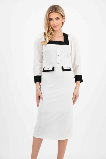 Midi white crepe pencil dress with padded shoulders and faux pockets