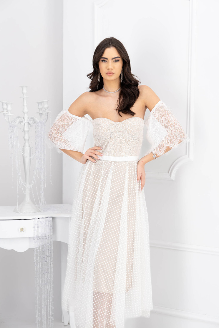 Rochie din dantela chantilly si tul cu buline bej midi in clos - SunShine - Rochii-Dama.ro