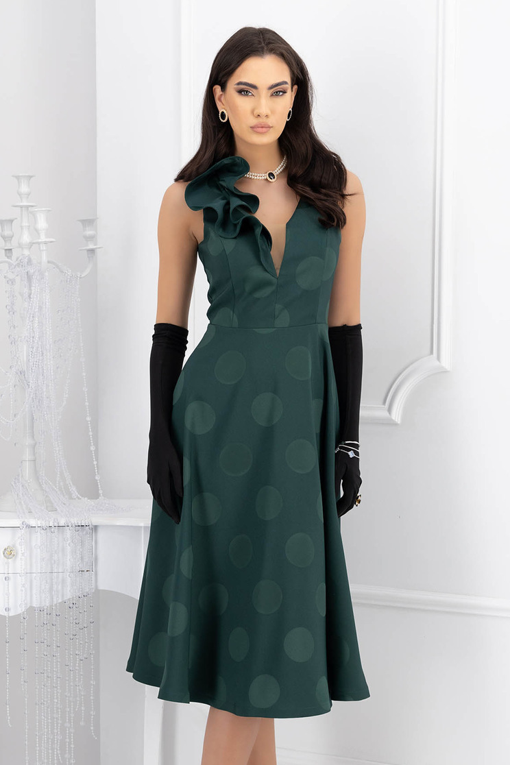 Rochie din stofa elastica verde-inchis midi in clos cu volanas decorativ pe linia decolteului - StarShinerS - Rochii-Dama.ro