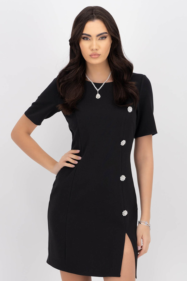 Rochie din stofa din stofa elastica neagra scurta tip creion cu nasturi decorativi - StarShinerS