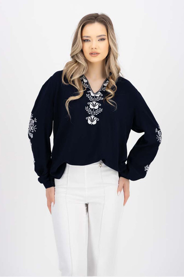 Long sleeves blouses, Dark blue women`s blouse cotton loose fit embroidered - StarShinerS.com