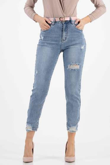 Blue jeans long skinny jeans high waisted faux leather belt