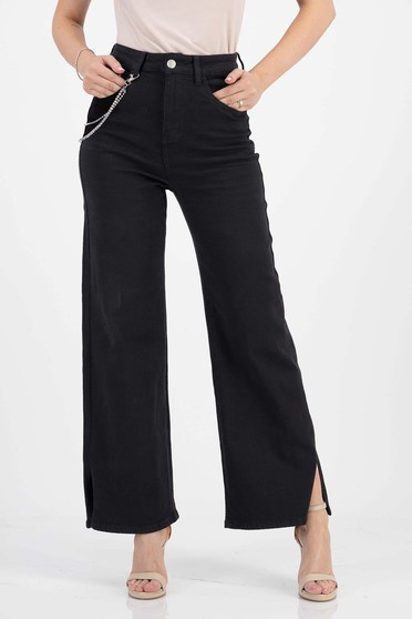 Black flared high-waisted jeans with detachable rhinestone chain - SunShine