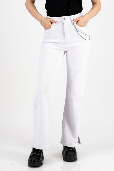 White flared jeans with high waist and detachable chain with rhinestones - SunShine