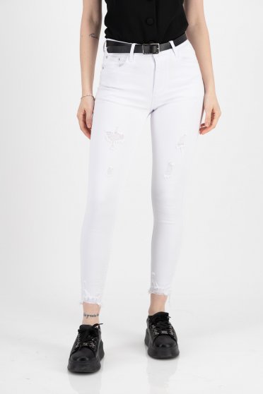 White High-Waisted Skinny Long Jeans with Belt Accessory - SunShine