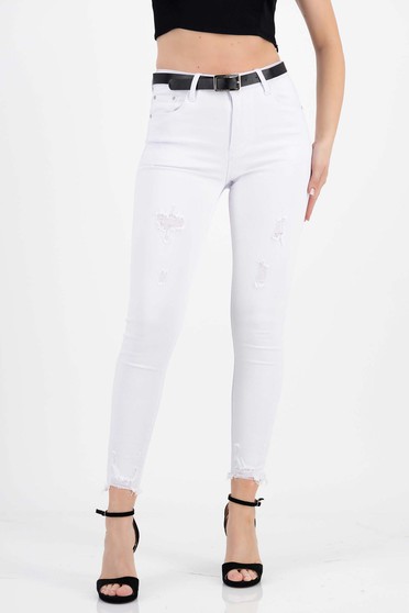 Jeans, White High-Waisted Skinny Long Jeans with Belt Accessory - SunShine - StarShinerS.com