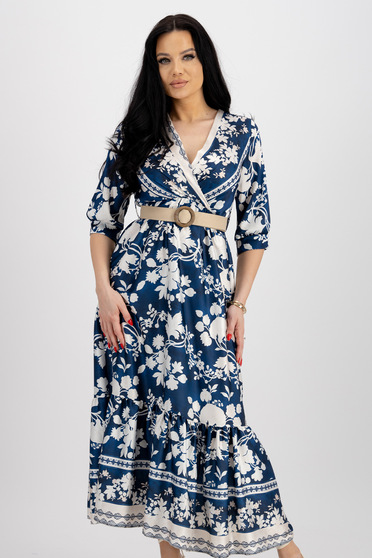 Flowy dresses, Navy blue midi dress in fluid material with flared cut, elastic waist, and belt-type accessory - StarShinerS.com