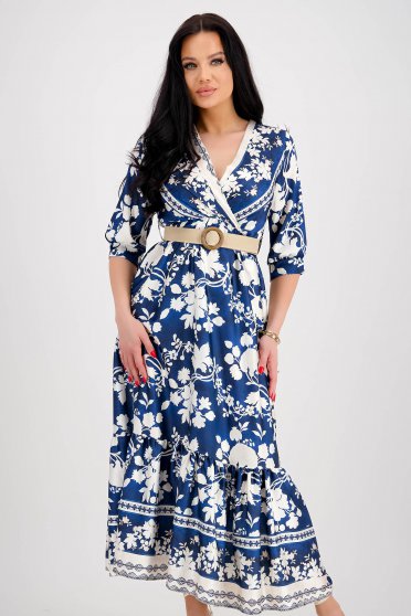 Navy blue midi dress in fluid material with flared cut, elastic waist, and belt-type accessory