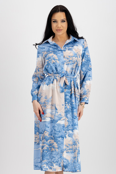 Flowy dresses, Shirt-style dress in fluid fabric, midi with a loose fit, accessorized with a belt - StarShinerS.com