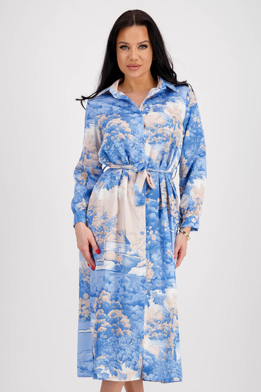 Shirt-style dress in fluid fabric, midi with a loose fit, accessorized with a belt