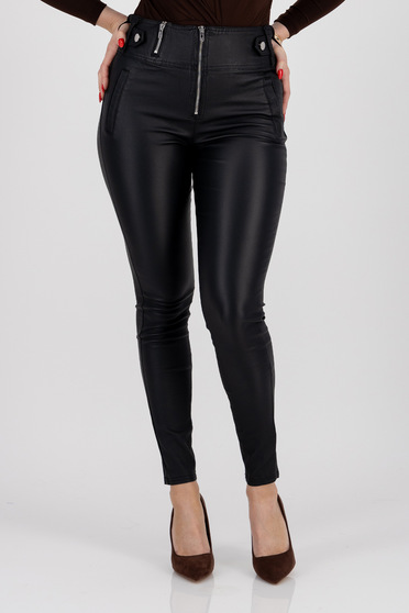 Black faux leather leggings with high waist and faux front pockets - SunShine