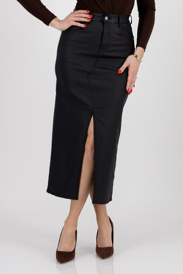 Black stretch cotton midi pencil skirt with side pockets and front slit - SunShine