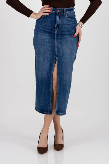 Midi skirts, Blue denim midi pencil skirt with front slit and side pockets - SunShine - StarShinerS.com