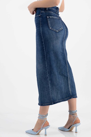 Blue denim midi pencil skirt with front slit and side pockets - SunShine