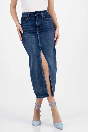 Blue denim midi pencil skirt with front slit and side pockets - SunShine
