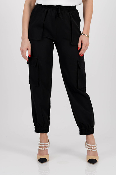 Pantaloni Dama  casual, Pantaloni cargo fit din material subtire negri cu talie inalta si buzunare laterale - StarShinerS.ro