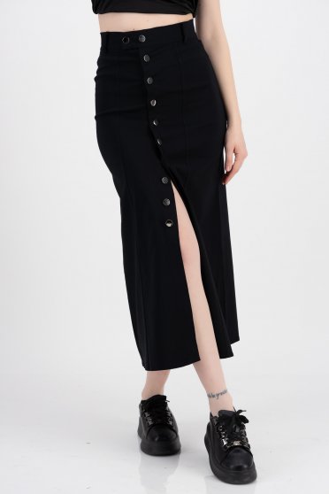 Black stretch midi pencil skirt with front slit and high waist - SunShine