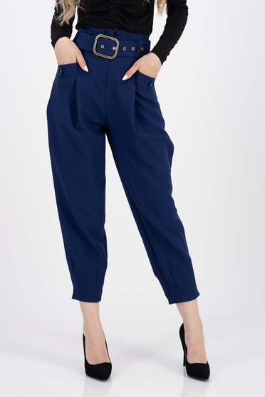 High waisted trousers, Dark blue trousers cotton with pockets accessorized with belt - StarShinerS.com