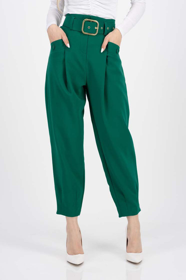 Pantaloni Dama , Pantaloni din bumbac verde-inchis cu buzunare frontale si accesoriu tip curea - SunShine - StarShinerS.ro