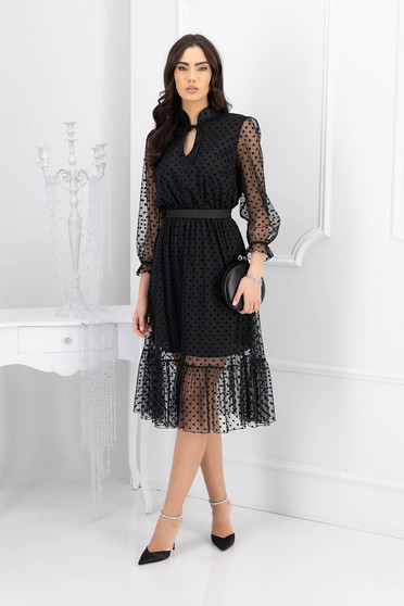 Online Dresses, Black Polka Dot Tulle Midi Dress A-Line with Waist Elastic - StarShinerS - StarShinerS.com