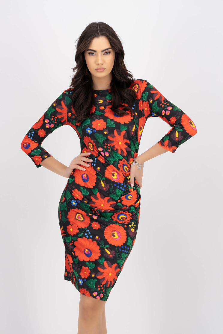 Rochie cu imprimeu floral din lycra pana la genunchi tip creion cu drapaje laterale - StarShinerS