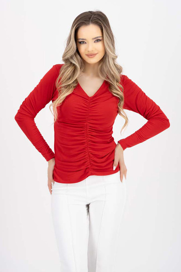Red women`s blouse lycra tented with v-neckline