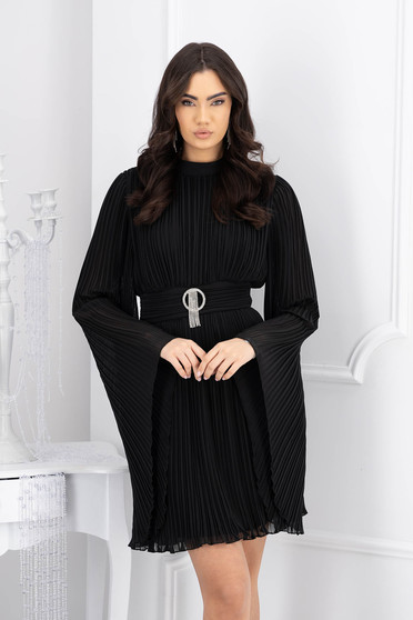 Online Dresses, Black dress from veil fabric pleated short cut cloche large sleeves - StarShinerS.com