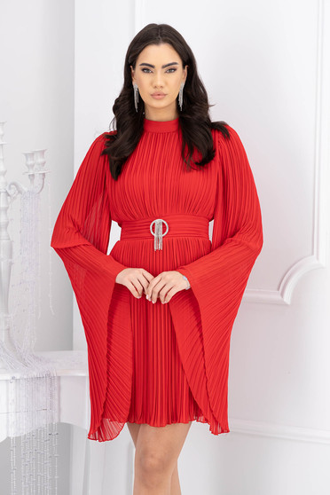 Online Dresses, Red dress from veil fabric pleated short cut cloche large sleeves - StarShinerS.com