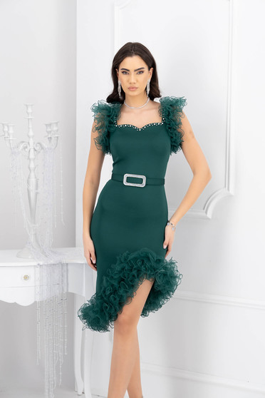 Online Dresses, Darkgreen dress pencil with ruffle details asymmetrical accessorized with belt - StarShinerS.com