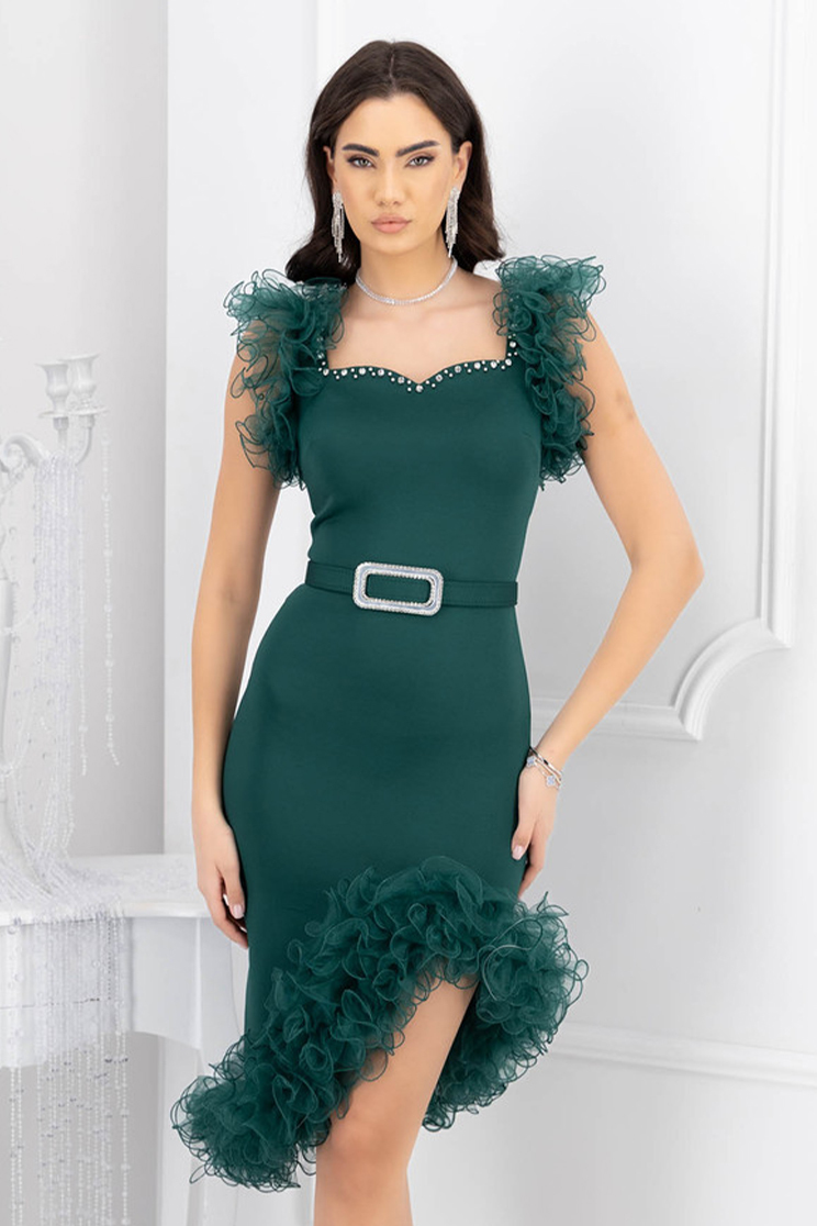 Rochie de ocazie din neopren verde-inchis asimetrica tip creion cu volanase si accesoriu tip curea