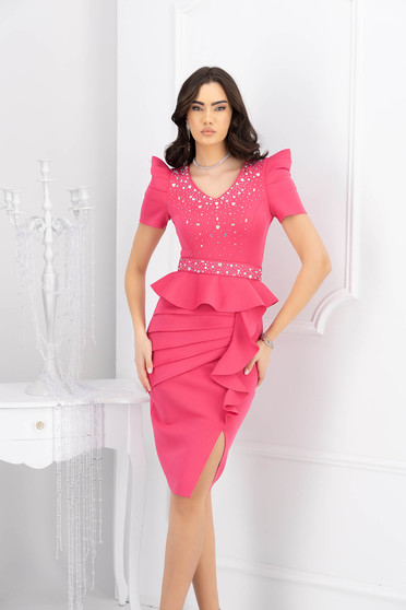 Ruffled dresses, Pink dress knee-length pencil with crystal embellished details - StarShinerS.com