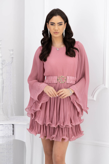 Online Dresses, Powder pink dress pleated from veil fabric short cut cloche accessorized with tied waistband - StarShinerS.com