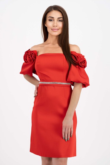 Red dress taffeta short cut pencil with puffed sleeves accessorized with belt