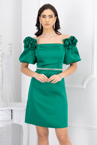 Green dress taffeta short cut pencil with puffed sleeves accessorized with belt